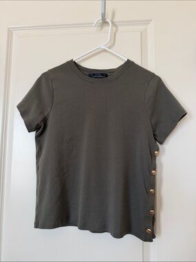 White House Black Market Olive Short Sleeve Tee with Side Button Detail